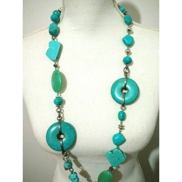Chico's Boho Statement Necklace 36" Chunky Faux Turquoise Stone Tribal Bold - Picture 1 of 4